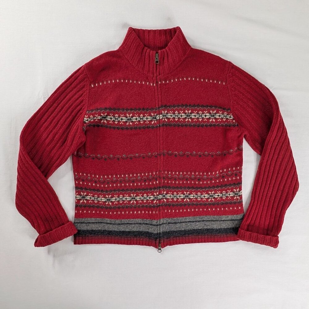VTG Eddie Bauer Red Fair Isle Lambswool Zip Up Ribbed Sleeve Willow Peak Sweater